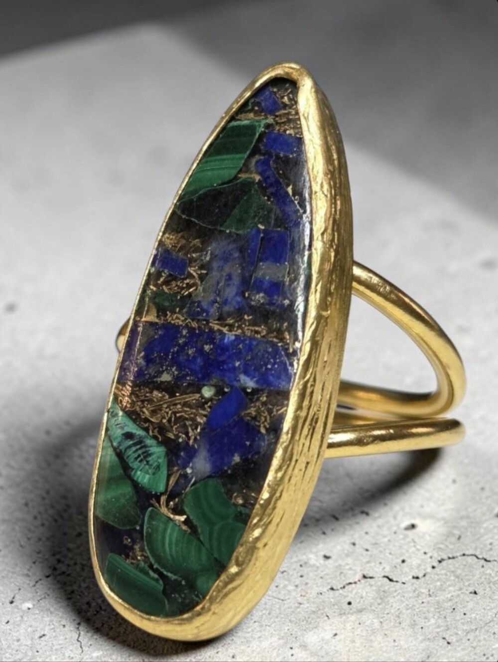 22k Gold Plated Lapis Lazuli Malachite Copper Streakes Orgone Stone Ring